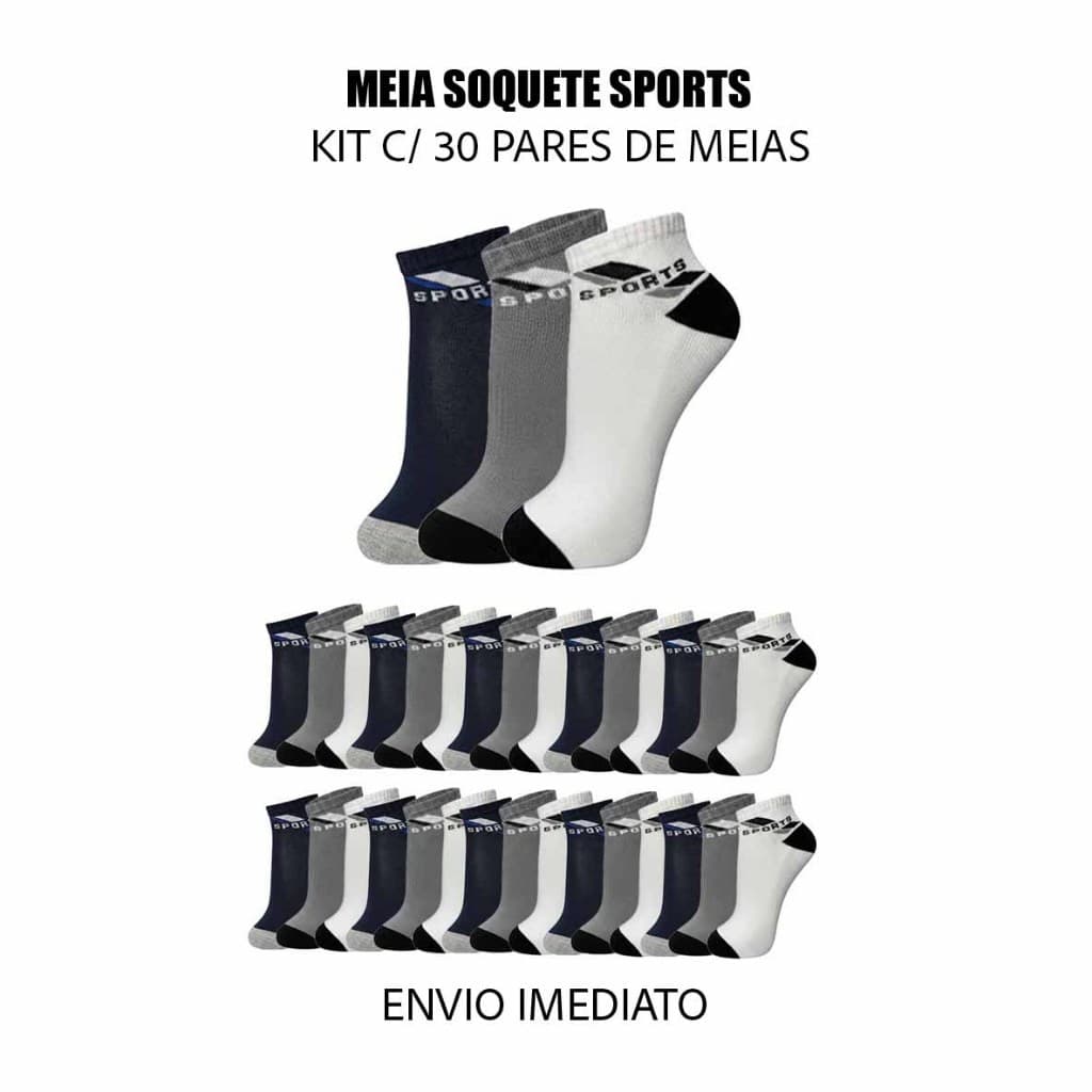 Kit 15 ou 30 pares de meias soquetes modelo Sports originais