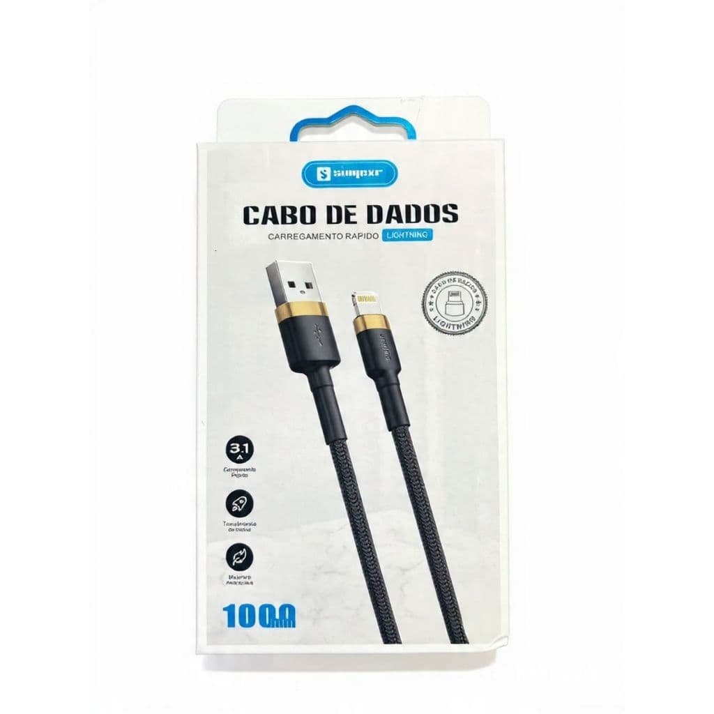 Cabo Lightning para iPhone Preto e Dourado 3.1 Reforçado 1m Carregamento Rápido + Dados (Trançado)