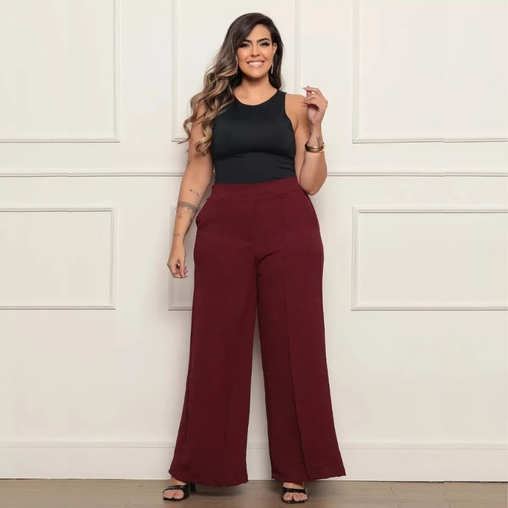 Calça pantalona plus size feminina confortável elegante cintura alta duna com bolso G1 G2 G3