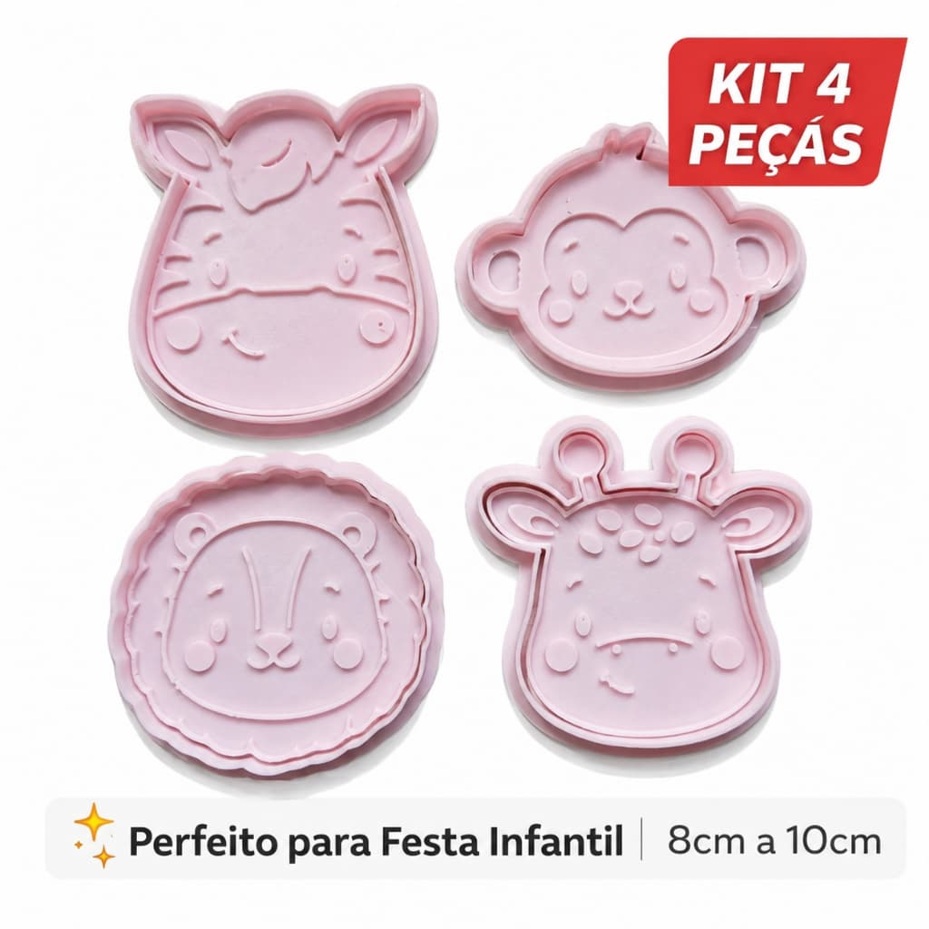 Kit Cortador e Carimbo de Biscoito Infantil 3D – Animais Safari para Decorar Fondant e Massa