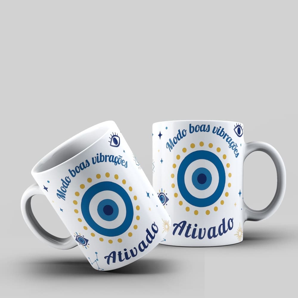 Caneca Olho Grego Modo Boas Vibrações Ativado Proteção Sorte