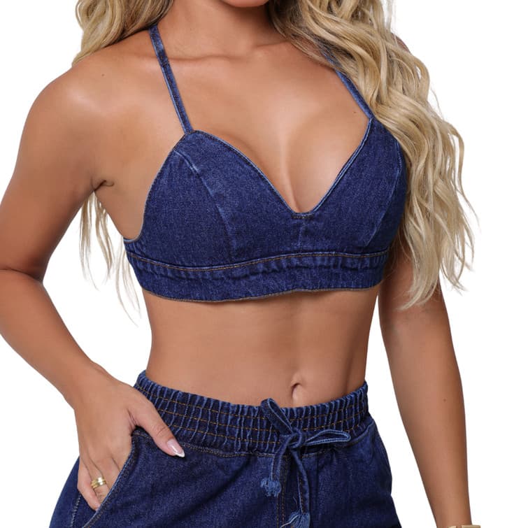 Cropped Top Jeans Lycra Regulavel Ajustavel Feminina Casual Tecido leve Respiravel Dia Dia