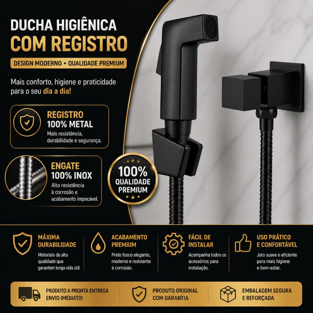 Ducha Higiênica Quadrada Preta Inox Para Banheiro, Ducha de Luxo Intima, Bidê, Chuveirinho de mão