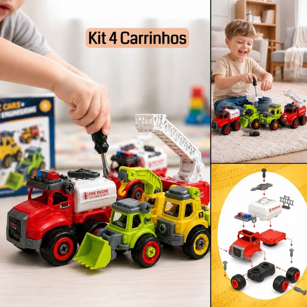 Kit 4 Carro Carrinho Monta Desmonta Ferramenta Parafuso Brinquedo