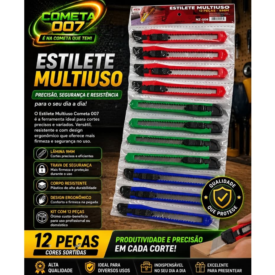 Estilete Multiuso Escolar Escritorio Kit Com 12 Unidades Pequeno 9mm Cores Aleatórias Escolar