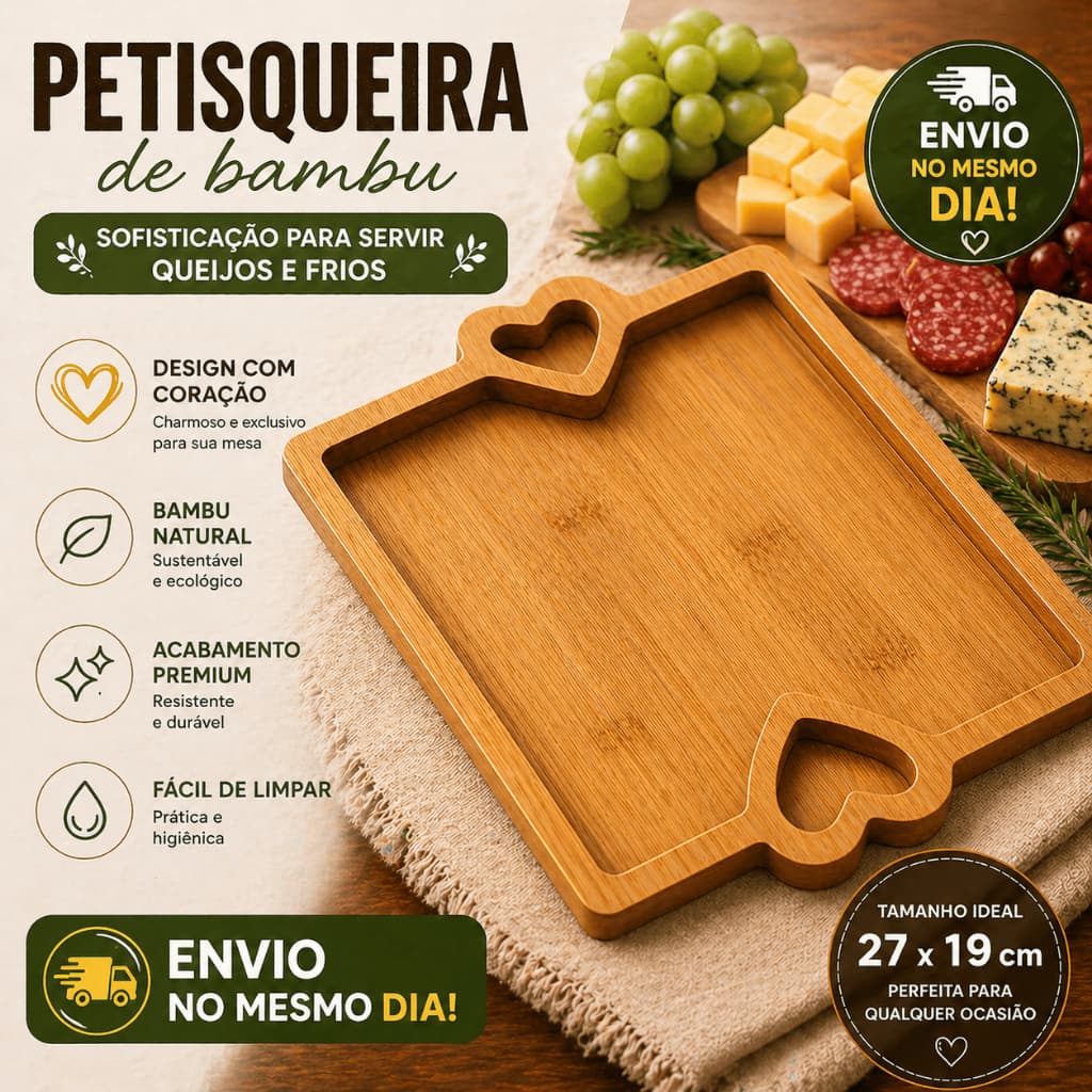 Petisqueira Retangular Bambu de coração