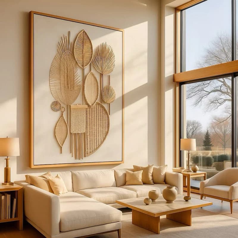 Quadro Decorativo composição artesanal fibras floral bege abstrato Copa Casa Sala Quarto Parede Decoração