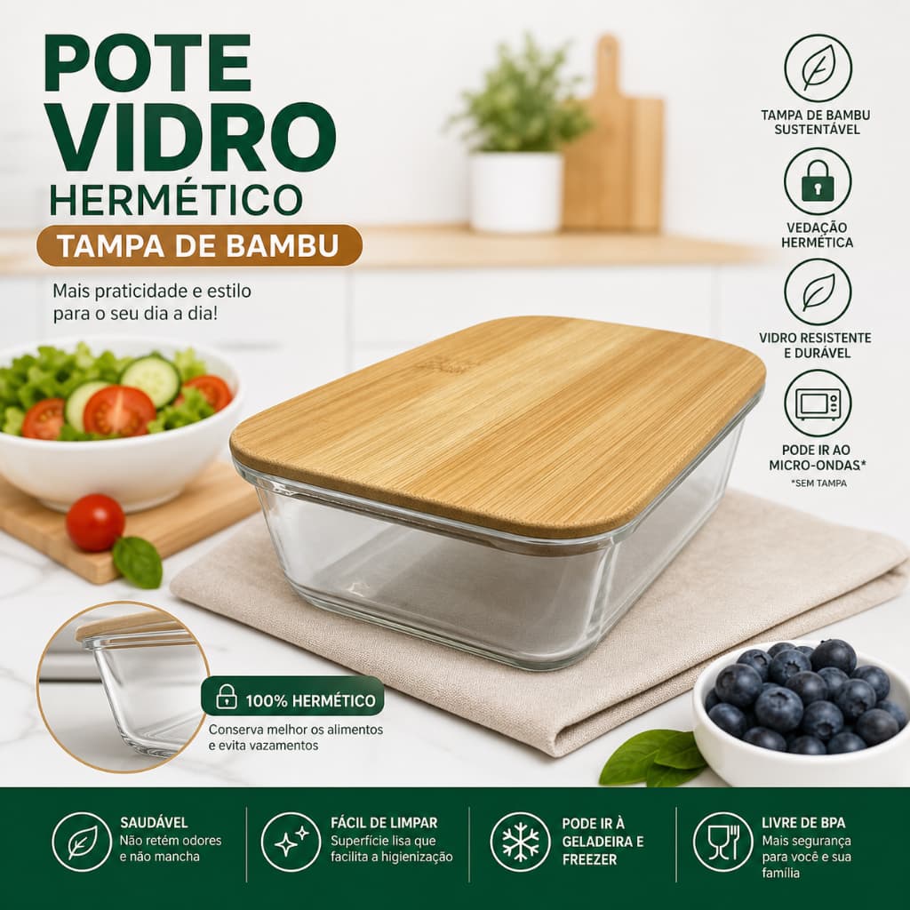 Pote Marmita de Vidro Hermética com Tampa de Bambu 1040ml 1 ou 2 Unidades