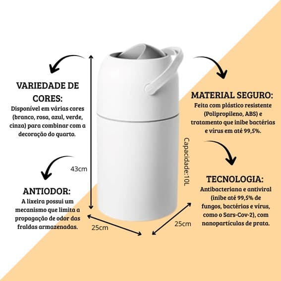 Lixeira Antiodor para Fraldas de Bebê | Sem Cheiro | Ideal para Quarto Infantil