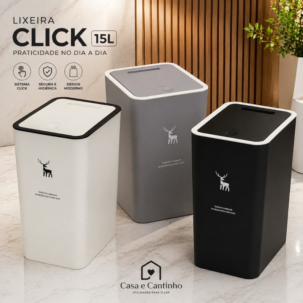 Lixeira Compacta 15L com Tampa Click Premium Para Cozinha Banheiro Escritório Sala Multiuso