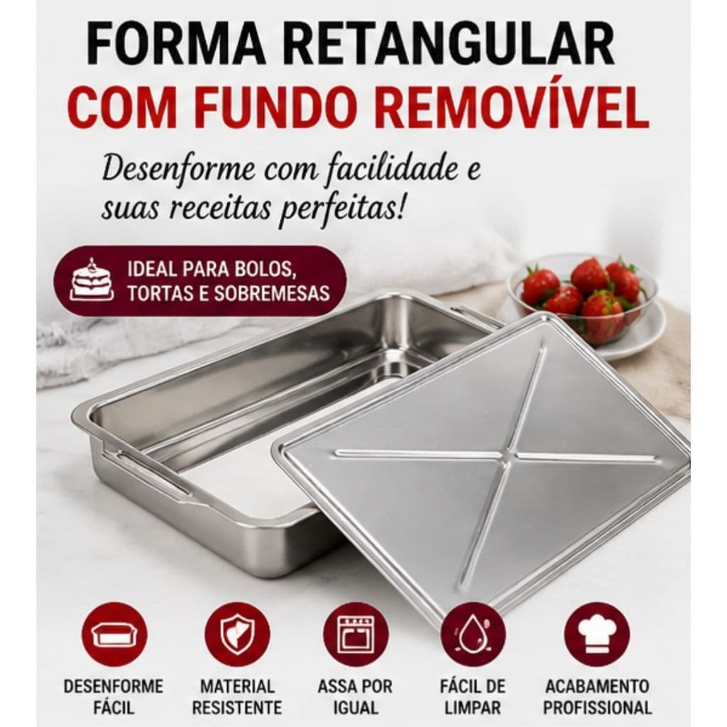 Forma Retangular Fundo Removível para Bolo Torta Fácil Desenforme