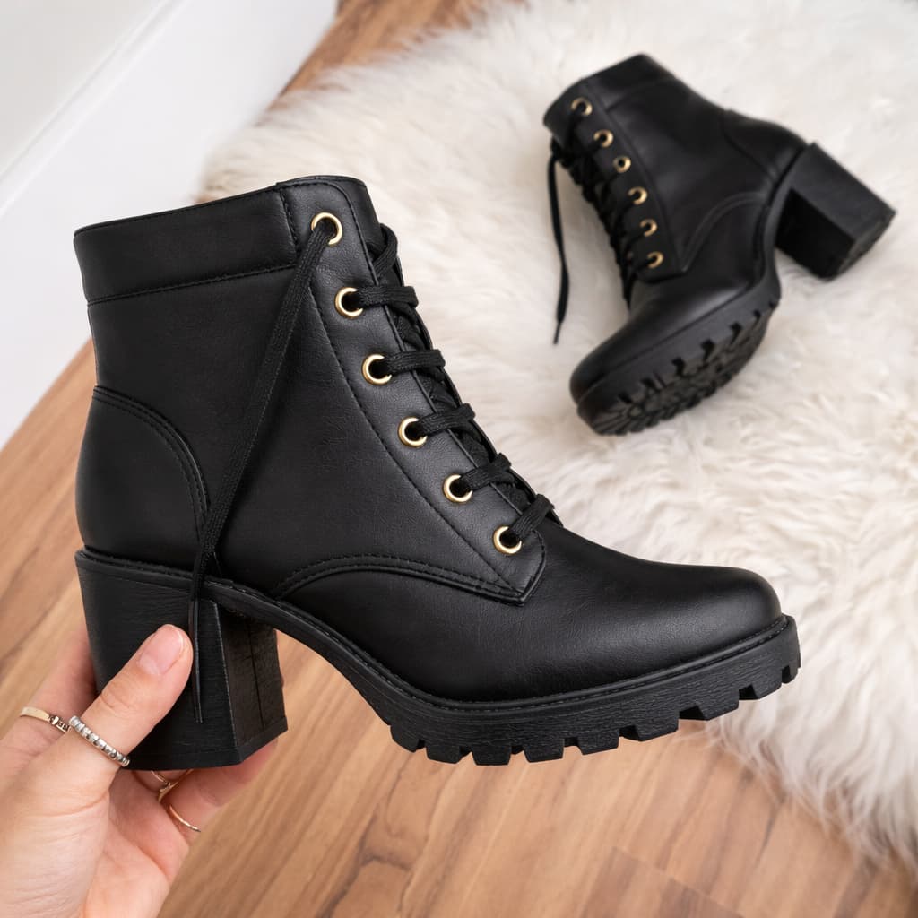 Bota Feminina Blogueira Legítimo Coturno Cano Curto Salto Baixo Grosso Plataforma Quadrado Bloco