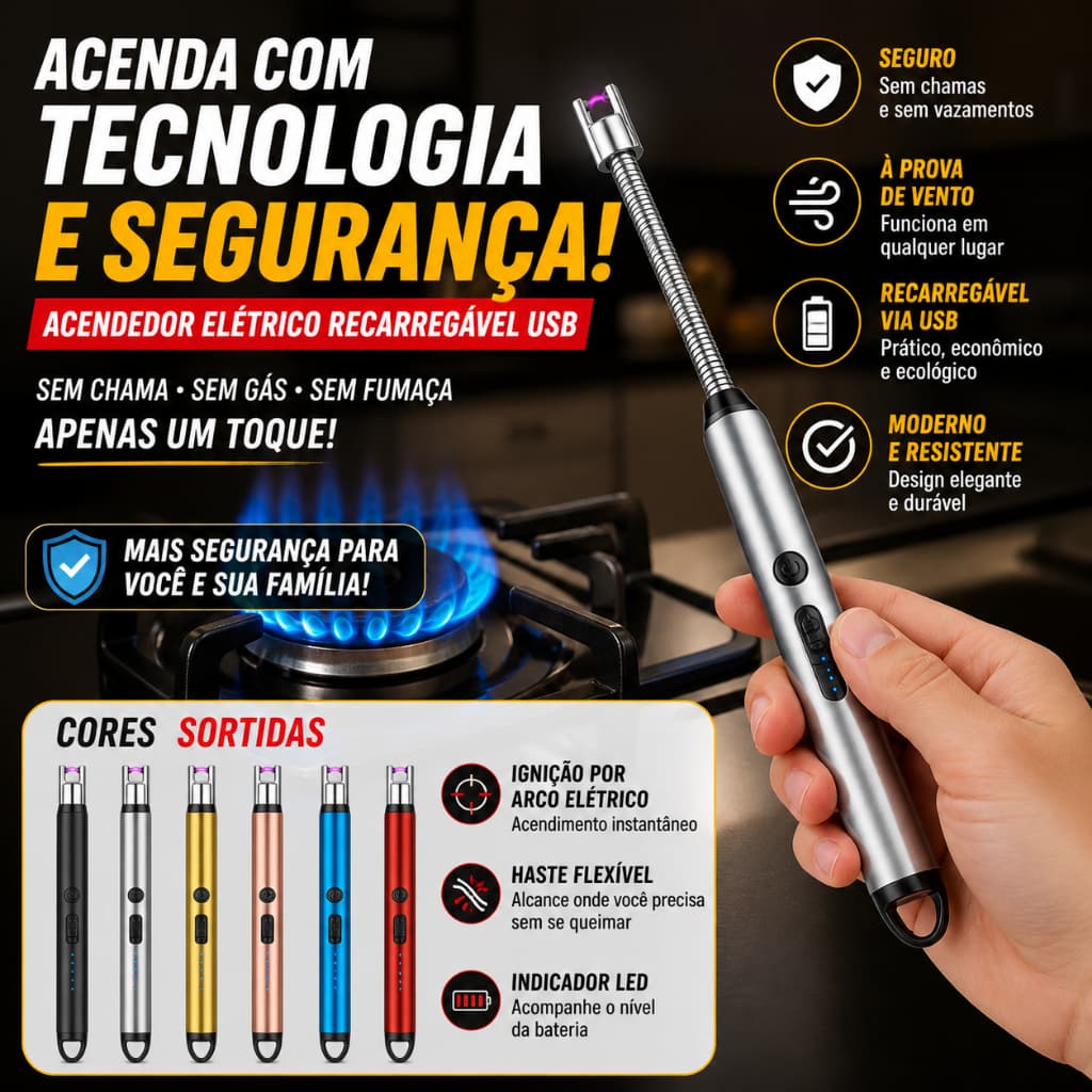 Acendedor de Fogão Elétrico Recarregável USB Tecnologia de Ignição por Arco - (Cores Sortidas)