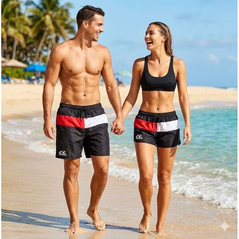 Kit Shorts Casal Bermuda Tecido Tactel com ELASTICIDADE para praia passeio lazer namorados - hosty