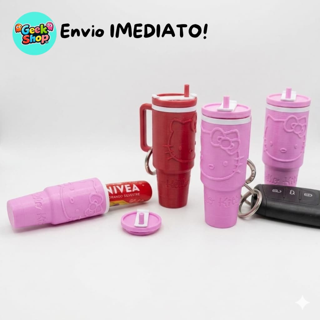 Porta Gloss Chaveiro Miniatura Hello Kitty Garrafinha Mini Porta Batom Protetor Labial e Organizador
