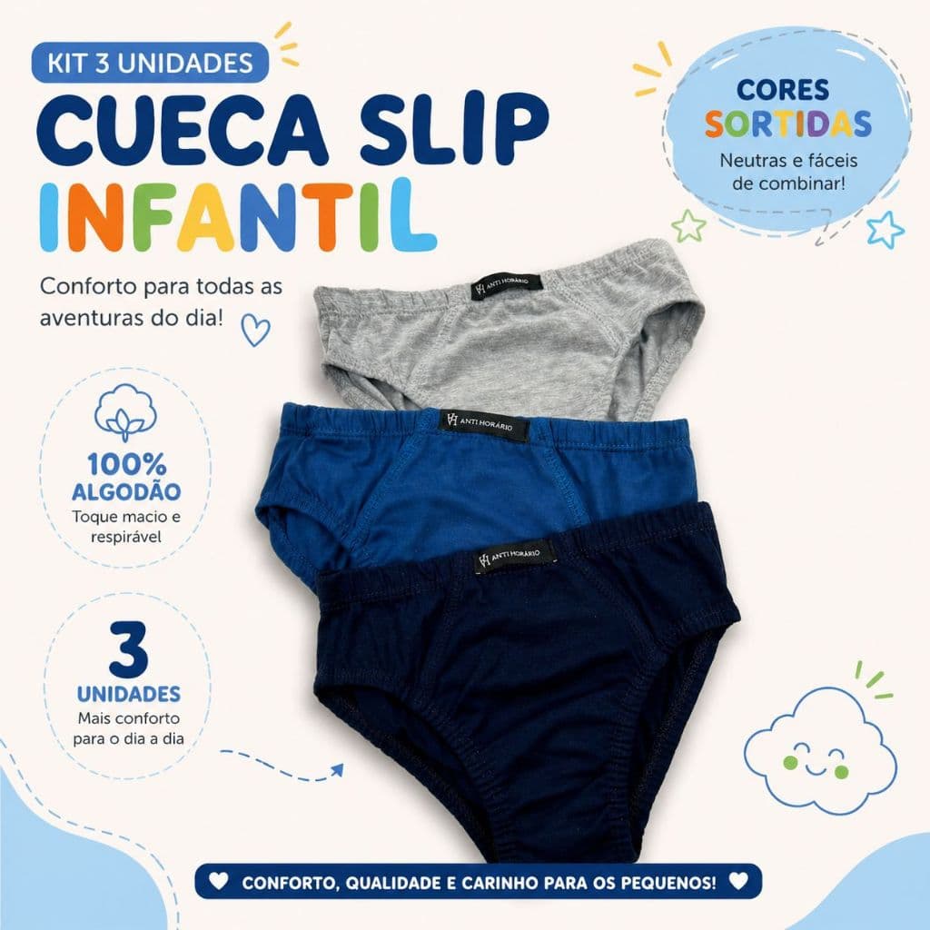 Cueca Infantil Menino 100% Algodão Slip Confortável Desfralde Premium Kit 3 616-K3