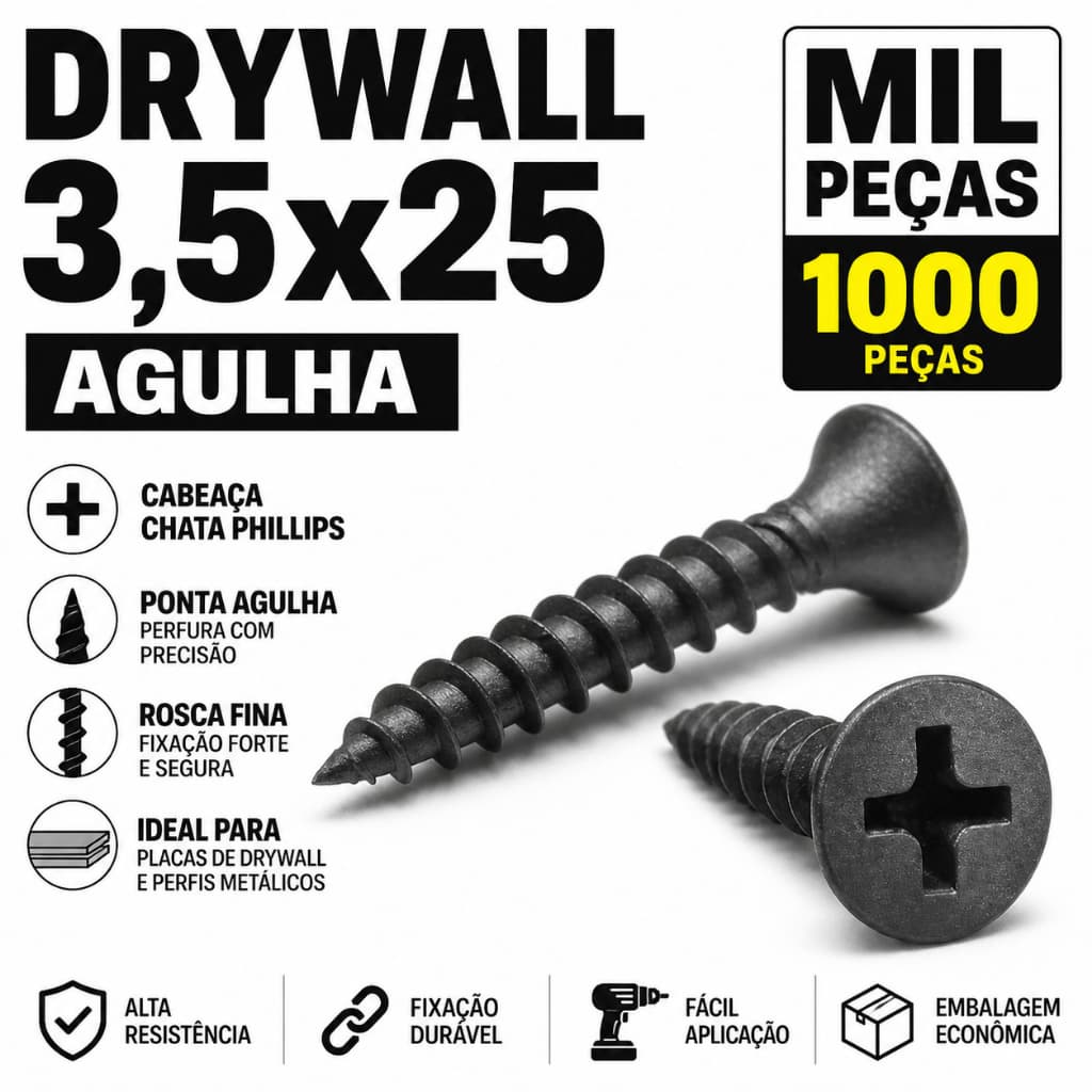 Kit 1000 500 100 Un Parafuso Drywall 3,5x25 Ponta Agulha Preto Fixação Rápida Profissional