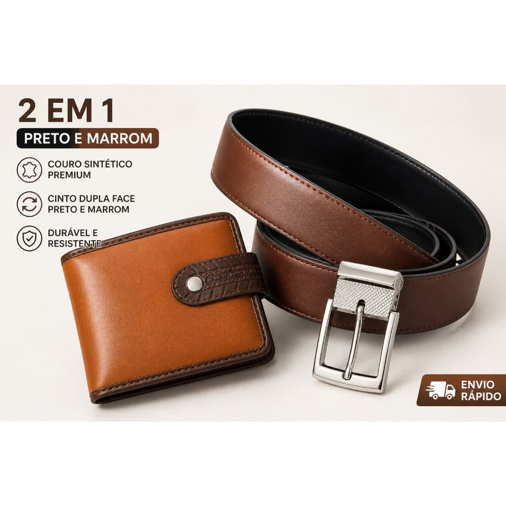 Kit Carteira Masculina + Cinto Dupla Face Social Elegante Couro Sintético Premium Presente Masculino