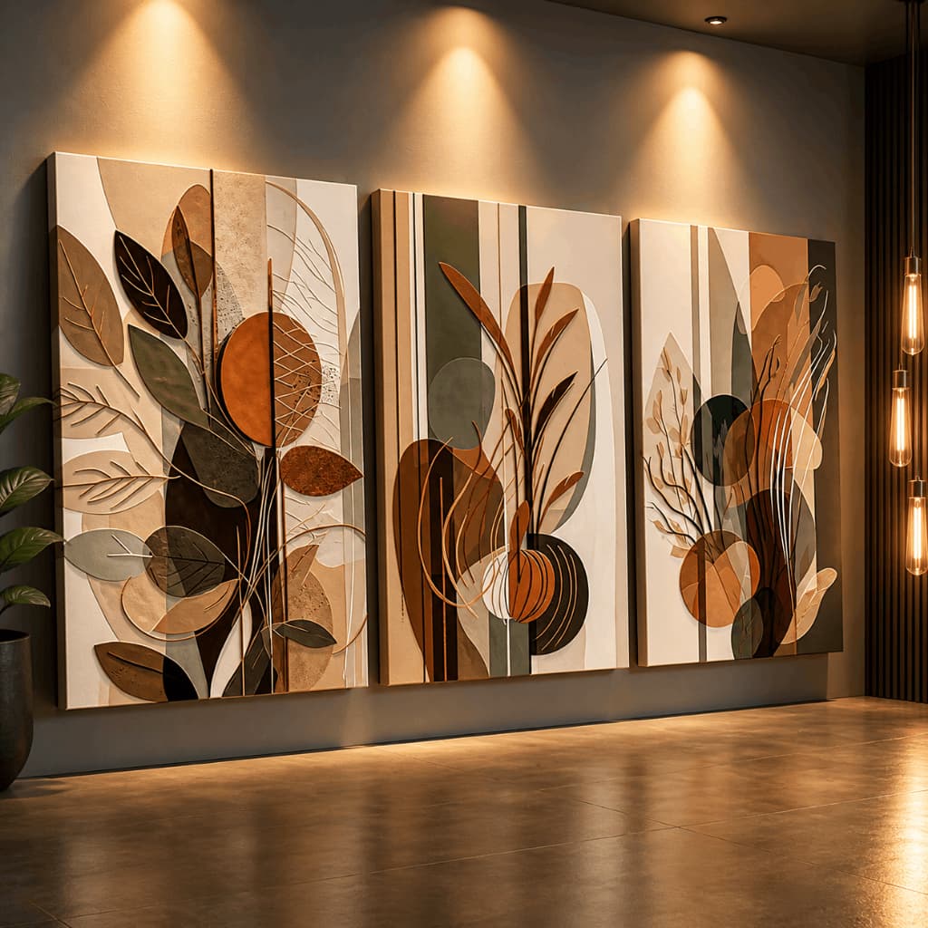 Kit 3 Quadros Decorativos Abstrato Botânico Bege Terracota Sala Quarto MDF