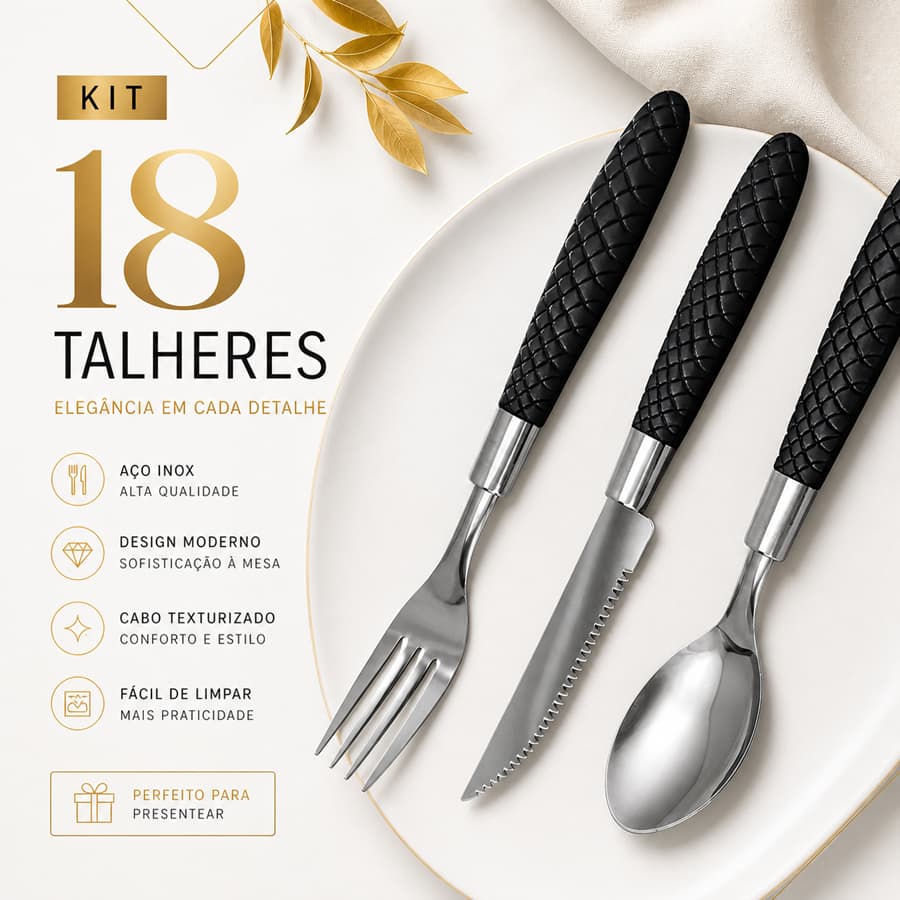 Jogo Talheres 18 Peças Garfo Colher Faca Cabo Preto Aço Inox