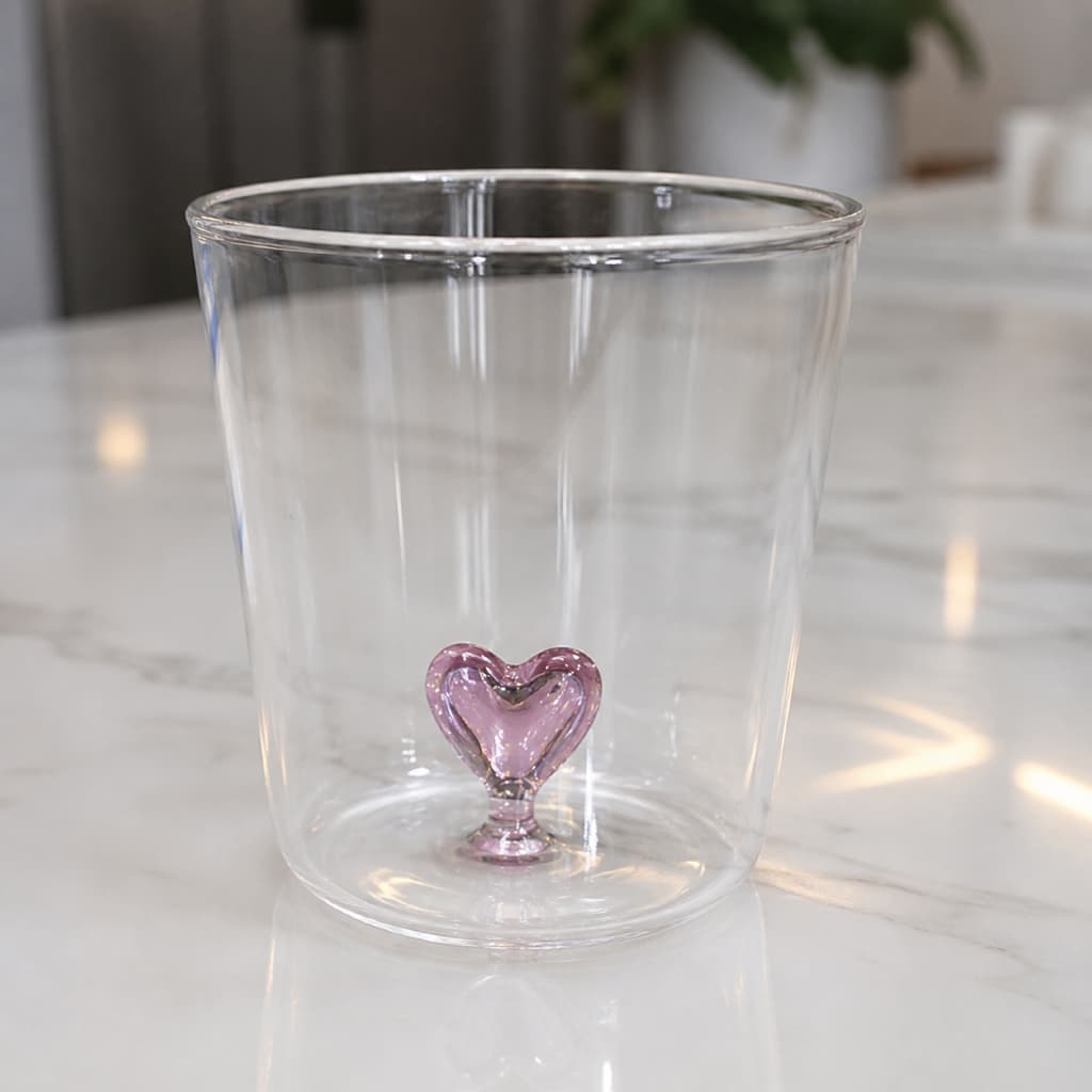 Copo de vidro 3D coração rosa de borosilicato para cozinha fofa 350ml para água suco na caixa presente caneca xícara