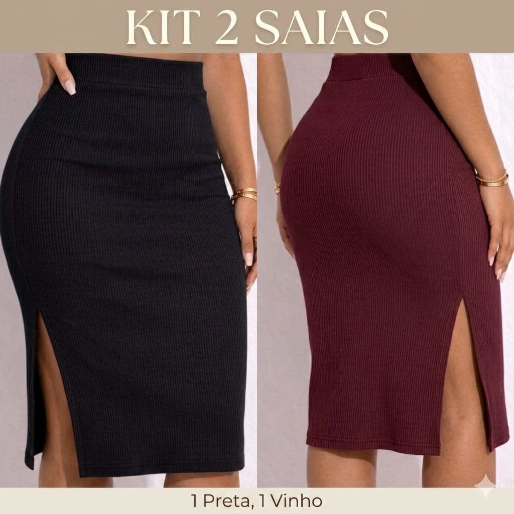Kit 2 Saias Midi Feminina Com Fendas Laterais Cintura Alta Look Festas Fim de Ano