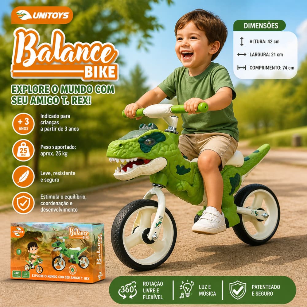 Bicicleta Infantil Aro 12 Verde Tema Dinossauro Resistente Seguro Equilibrio