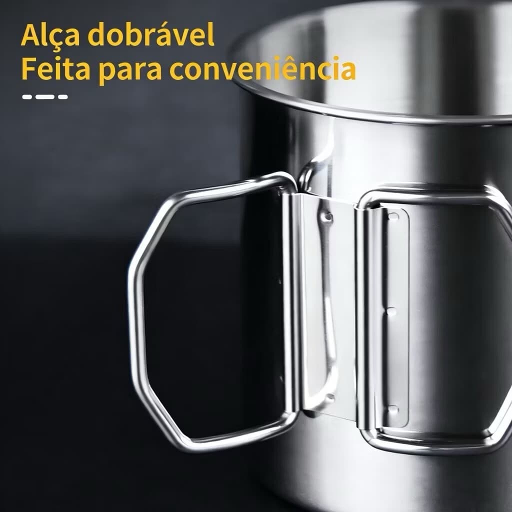 Caneca de Camping 250ml em Inox com Alça Dobrável, Leve e Fácil de Transportar