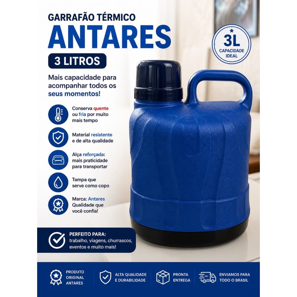 Garrafão Térmico Antares 3 Litros - Cor: Azul Quente e Frio
