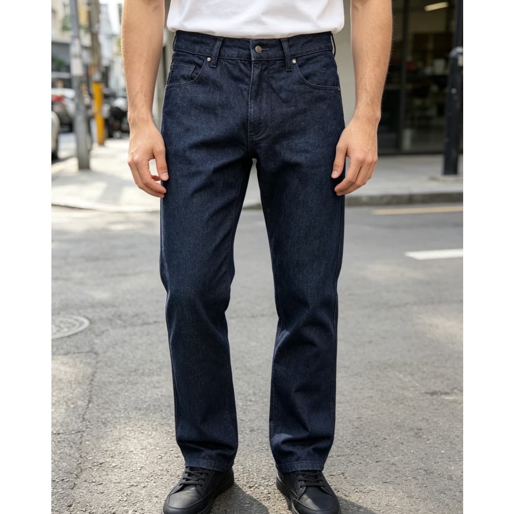 Calça jeans reta masculina clássica em índigo original