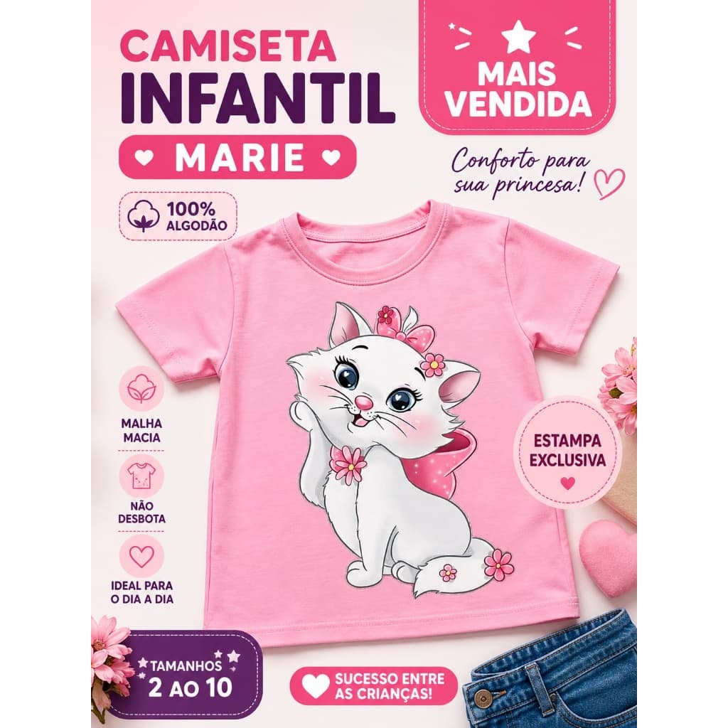 Camiseta Infantil Feminina Gatinha Marie 100% Algodão Roupa Menina  Estampa Fofa