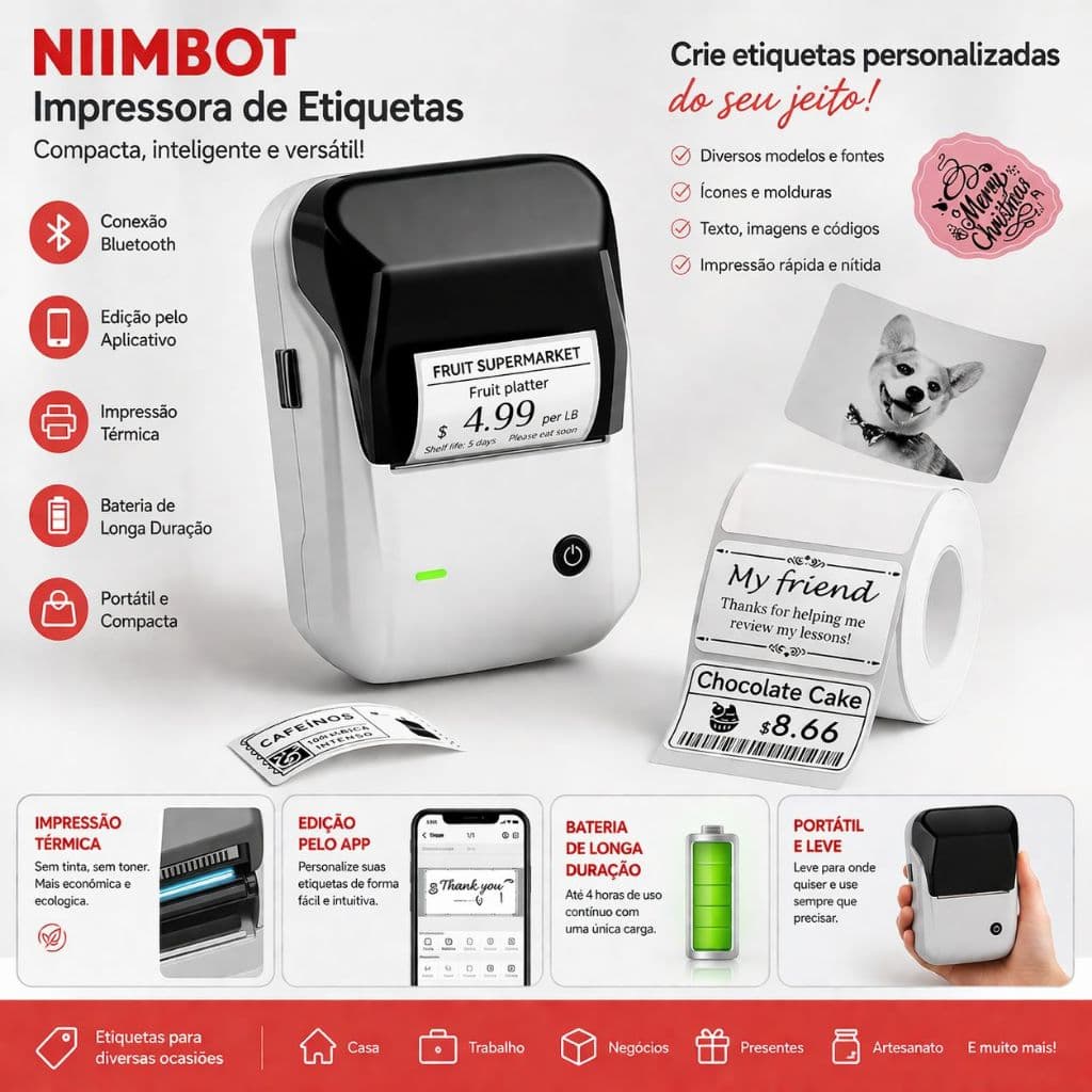 Impressora Témica De Etiquetas Portátil Bluetooth NIIMBOT B1 Compatível IOS Android Windows