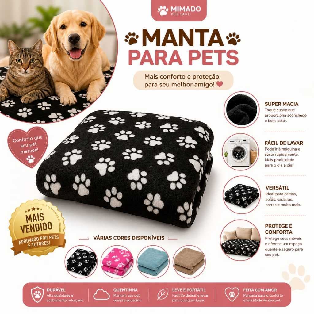 Kit 2 Mantas Pet Microfibra Quentinha Fofinha Gato e Cachorro Pelúcia 90cm x 100cm