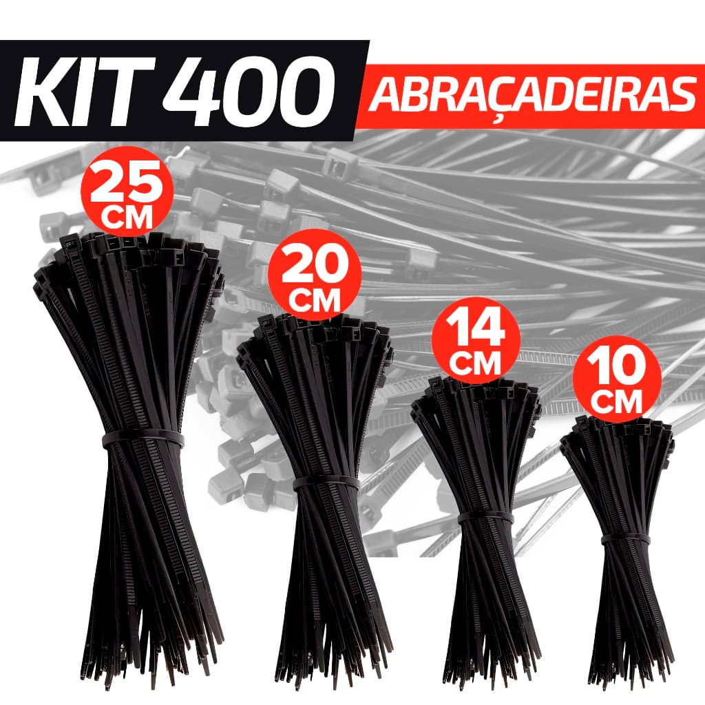 Kit 400 Abraçadeira de Nylon Enforca Gato Cintas Plásticas 10cm - 14cm - 20cm - 25cm Fita Hellermann