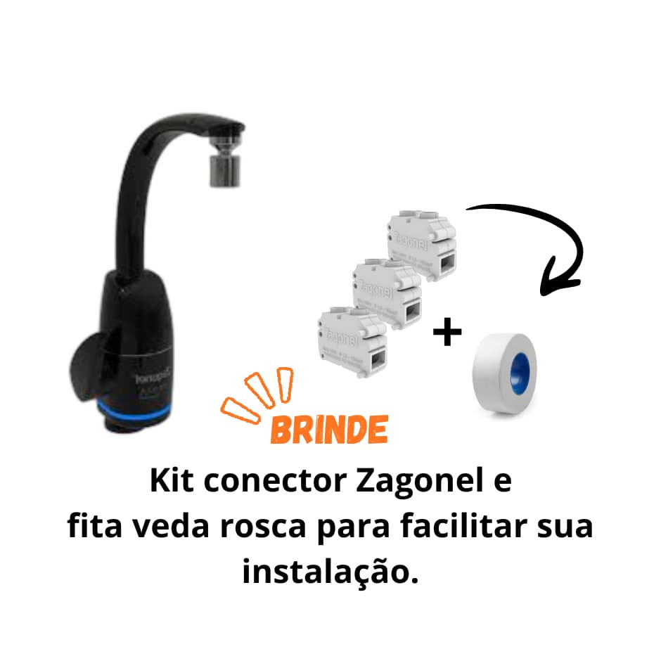Torneira Prima Black 5500w 220v Zagonel + BRINDE: kit conector e fita veda rosca