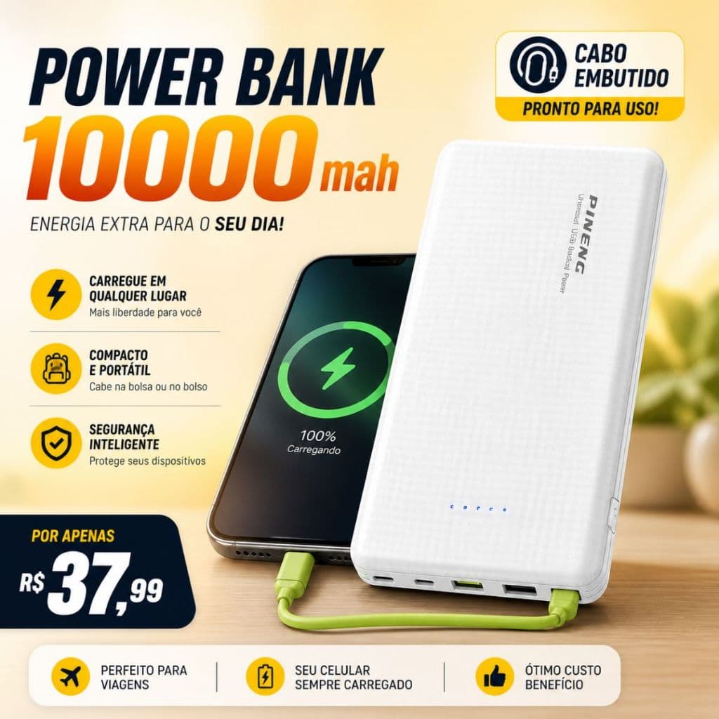 Power Bank 10000mah Portátil Com Cabo Embutido Carga Rápida Para IOS Android