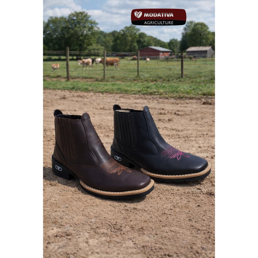 Botina Country Bota Texana Masculina Cano Médio Vaquejada Bico Quadrado Marrom Preta Pronta Entrega