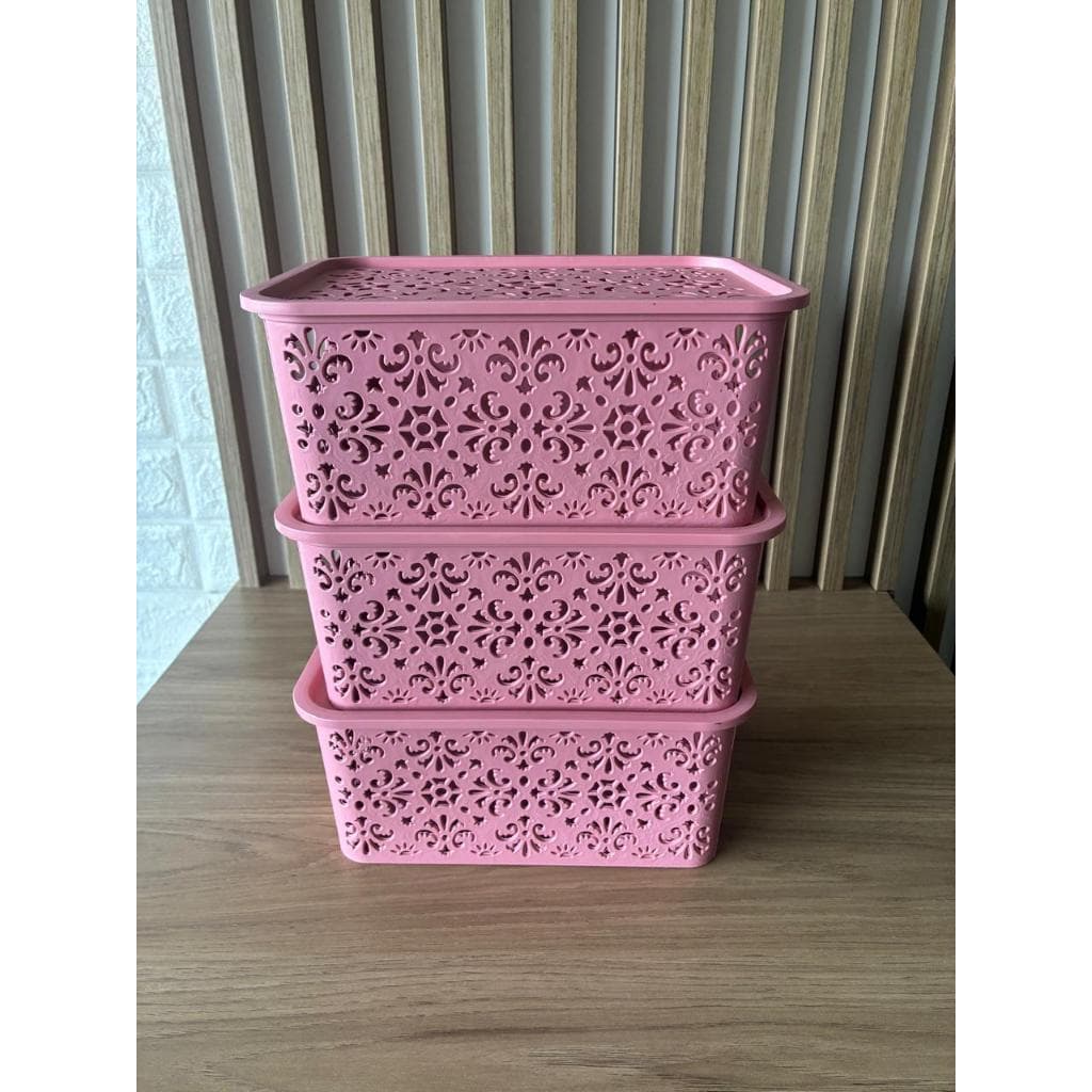 Kit com 3 Caixas Organizadoras Oriental Rosa com tampa-  3,5 LITROS – Organização Prática Empilhável Armazenamento