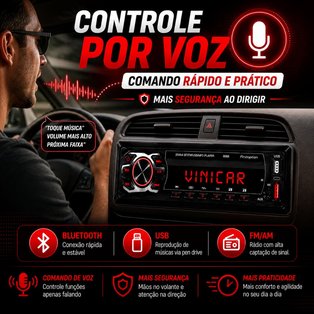 Som Automotivo Led Vermelho First Option 6688 Bluetooth Usb