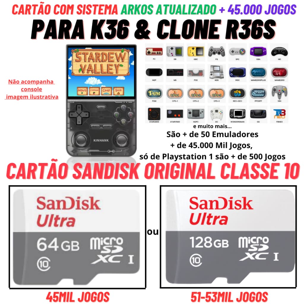 Cartão Original para K36 Kinhawk Console Portatil com Sistema Atualizado e Jogos Cartão Sandisk 100% Original Classe 10