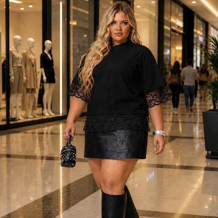 Blusa Feminina Plus Size de Renda Manga Curta Elegante Confortável