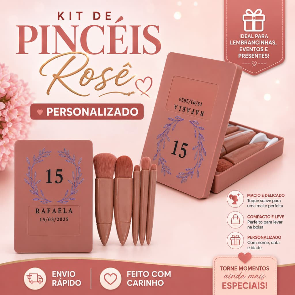 Kit Pincéis Maquiagem com até 50 unidades Rosê Personalizado com Nome | Lembrancinha 15 Anos, Eventos e Presentes Luxo