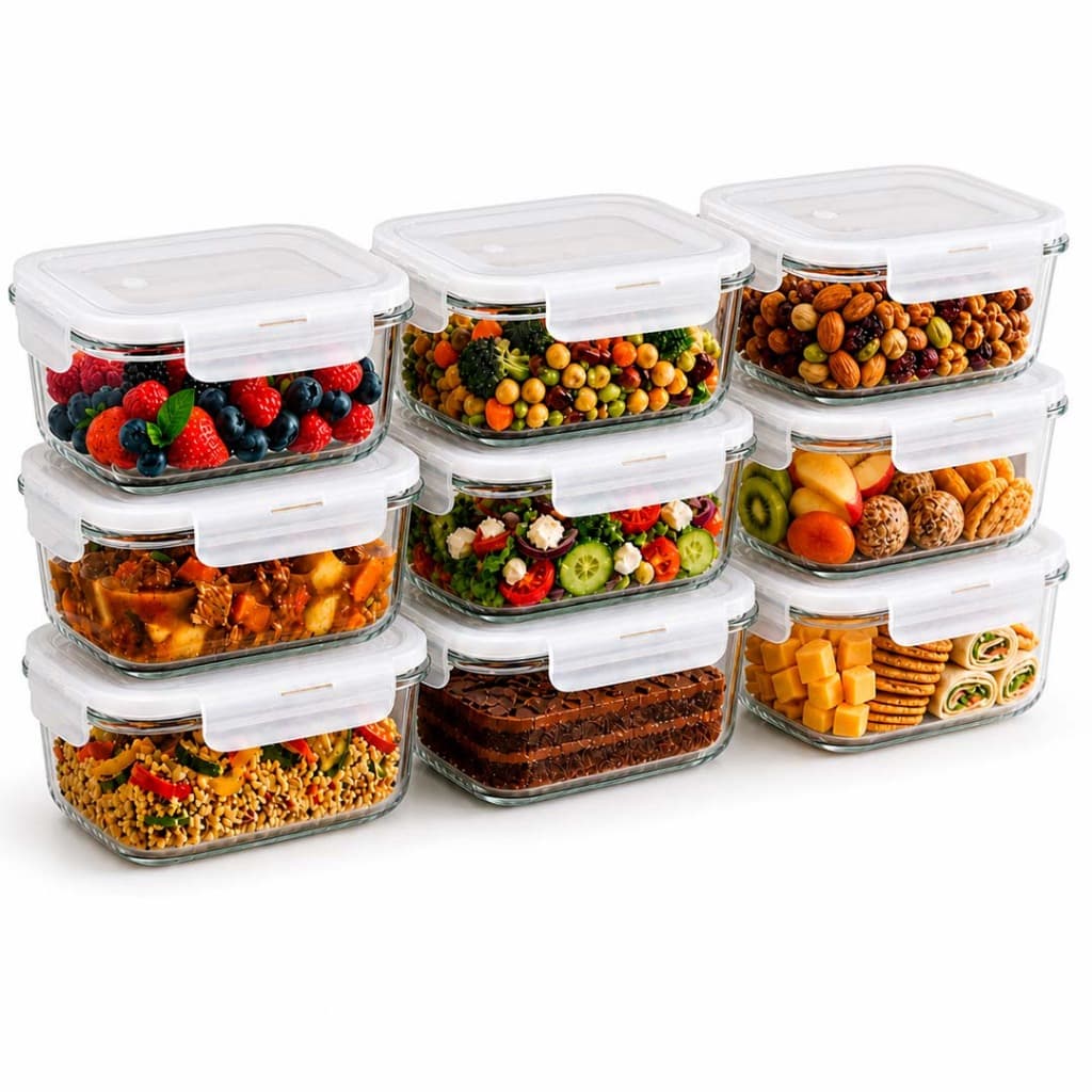 Kit 9 Potes Herméticos de Vidro Retangular Marmita Alimentos Tampa Vedação 1040ml