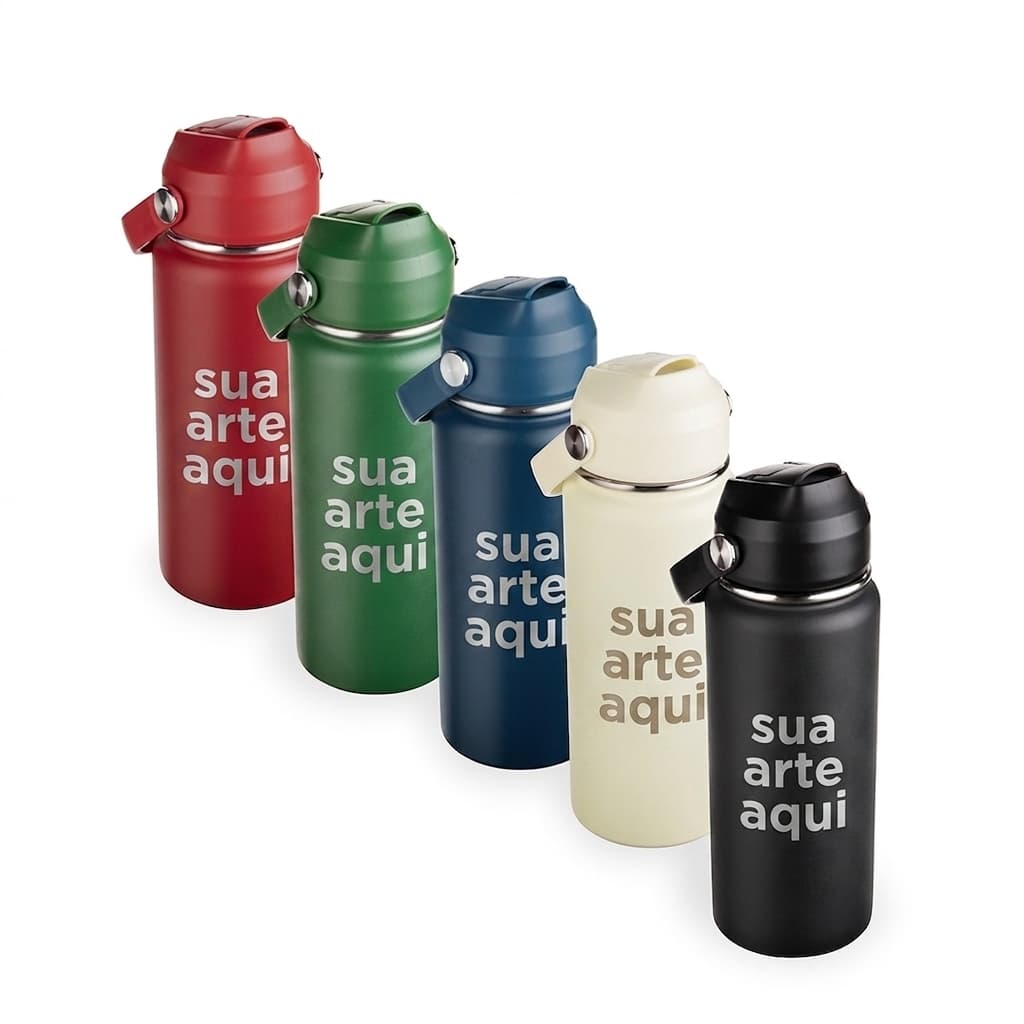 Garrafa Térmica Personalizada 600ml Inox Com Canudo e Alça Brinde