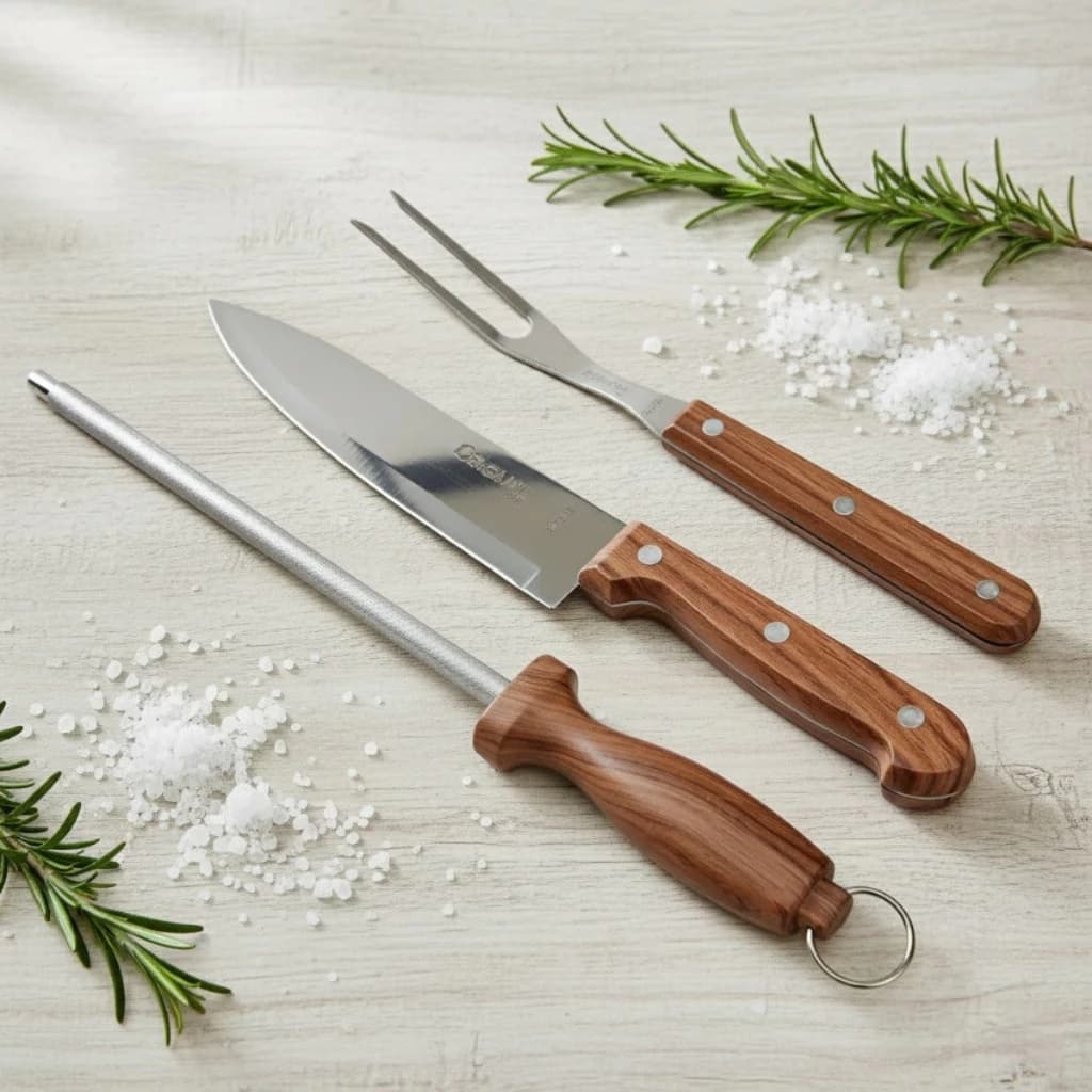 Kit Churrasco 3 Pecas Faca Garfo Chaira Amolador Inox Cabo Madeira Utensilios Assados Completo