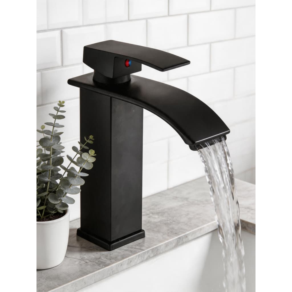 Torneira de Lavatório em Cascata, Monocomando Misturador, Acabamento Preto Fosco, Bica Alta, Design Luxuoso, Fácil Insta