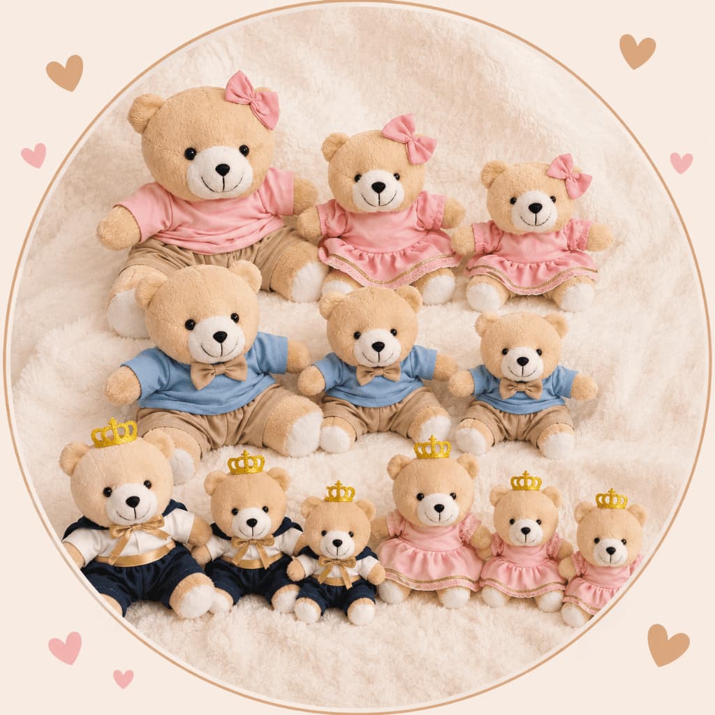 TRIO DE URSOS PELUCIA PRINCIPE PRINCESA COROA NICHO DECORAÇÃO COROA ROSA AZUL MARINHO MENINO MENINA