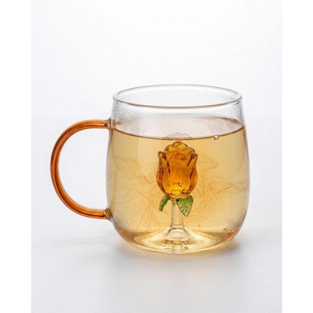 Caneca De Vidro Borossilicato Rosa 3D Âmbar Luxo Aesthetic 400ml Com Alça Flor Café Chá