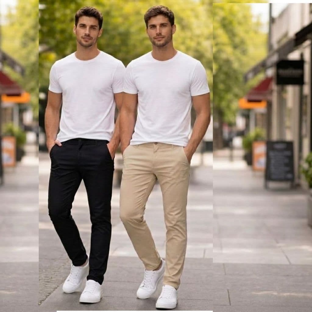 Kit 2 Calças Masculina Social Alfaiataria Sarja Lycra Bege e Preto Super Confortável para Varias Ocasiões
