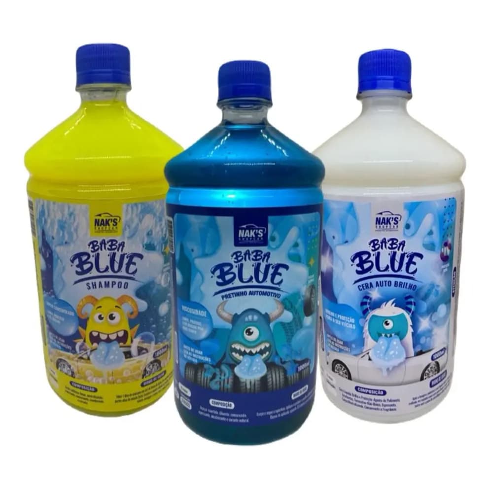 Kit 1 Shampoo Automotivo Concentrado + 1 Pretinho Baba Blue + 1 Cera Liquida Brilho 1L